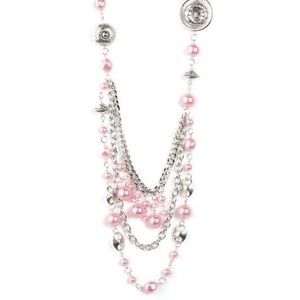 long pink multi strand necklace with pink ribbon